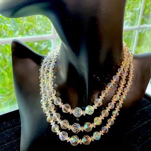 Signed Aurora Borealis Crystal 3 Strand Necklace, 16”